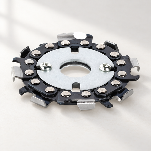 Chain cutting disk with silver centre plate on an ivory surface