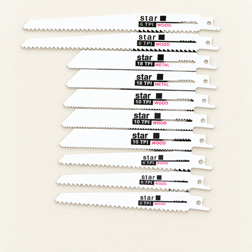 Ten reciprocating saw blades for wood and metal arranged on an ivory surface