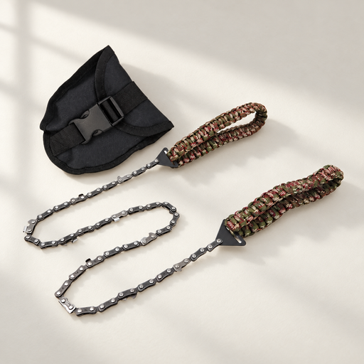 Pocket chain saw with camouflage handles and black storage pouch