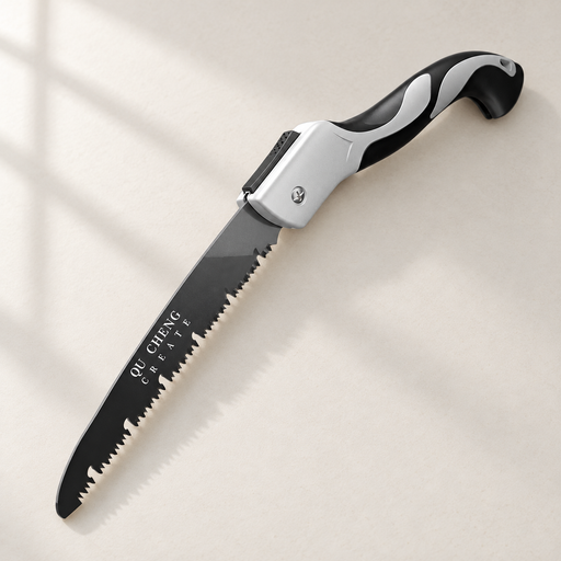 Open folding saw with black blade and silver and black handle on an ivory surface
