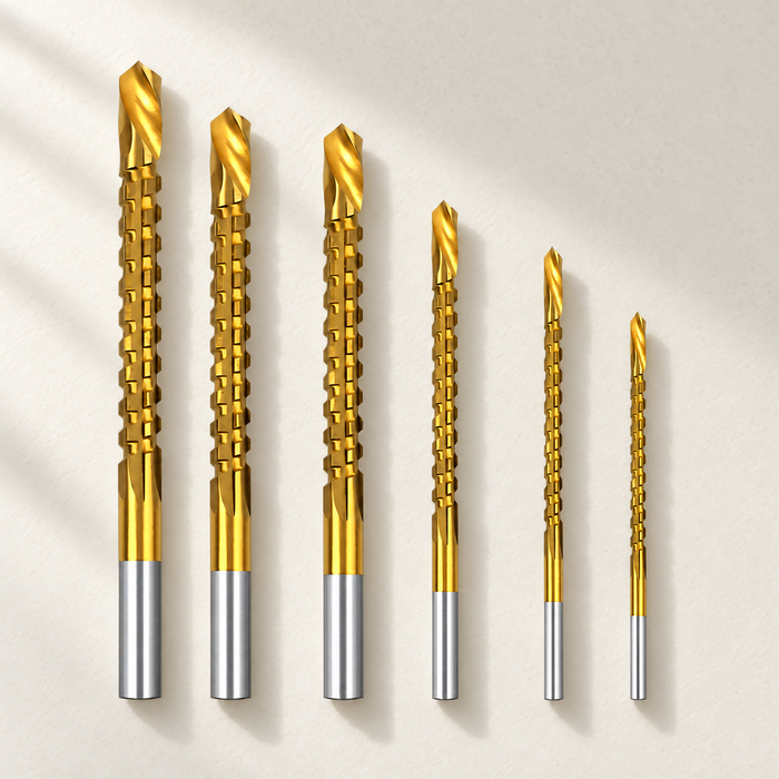Six gold saw drill bits arranged by size on an ivory surface