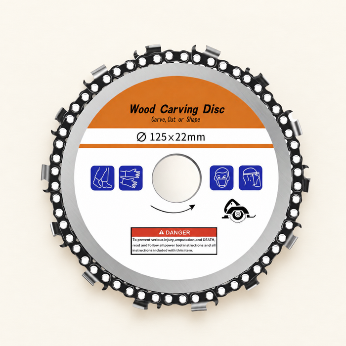 Silver carving disc with its orange and white label on an ivory surface.