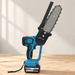 Blue and black compact chainsaw standing on its original battery base.