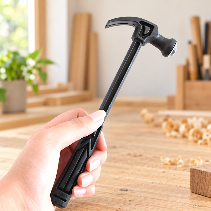 Compact black claw hammer held in a hand in a softly lit workshop.