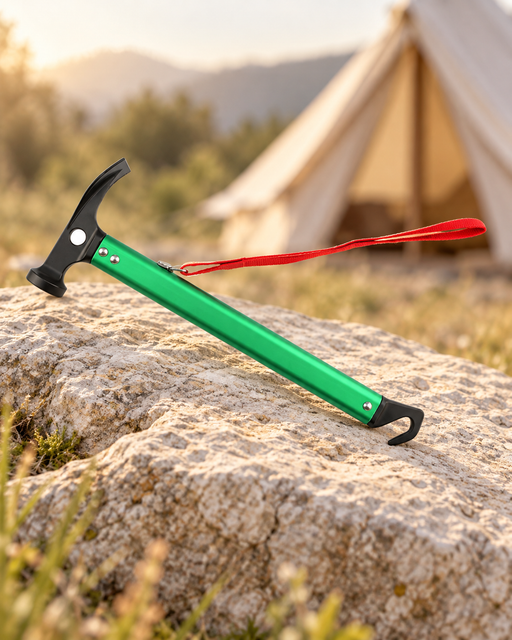 Green camping hammer with red wrist strap on pale stone beside a tent.