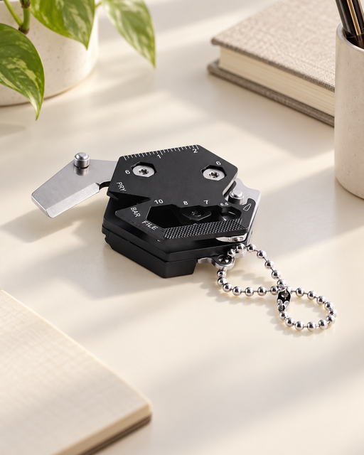 Compact black multitool with a silver ball chain on an ivory desk.