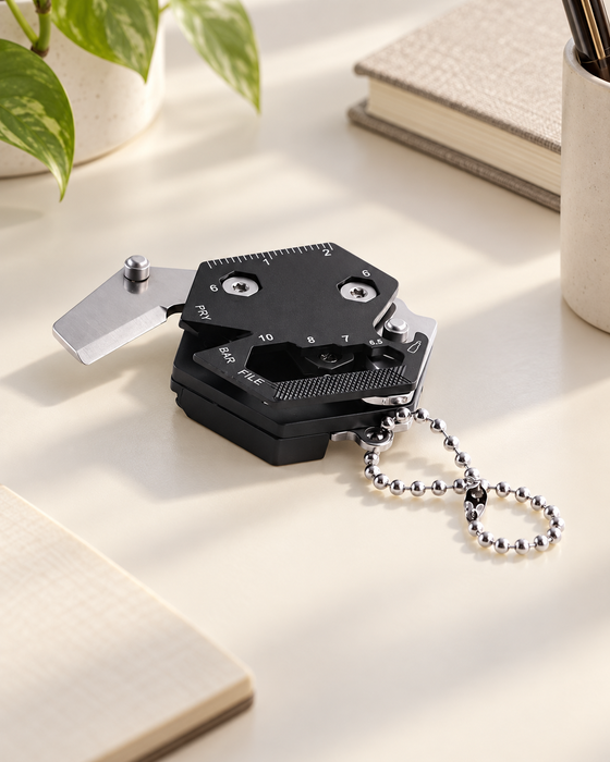 Compact black multitool with a silver ball chain on an ivory desk.