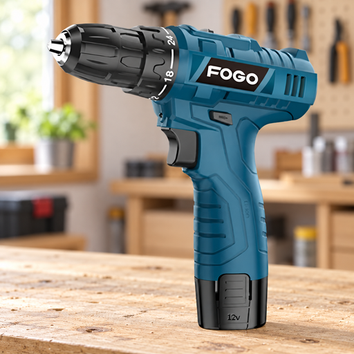 Teal and black cordless screwdriver on a wooden workbench.