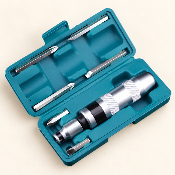 Impact screwdriver and six bits in an open teal case on an ivory surface