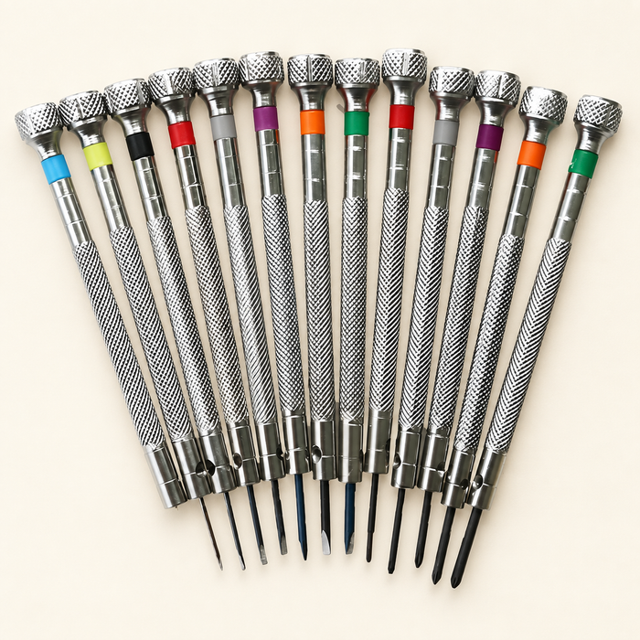 Thirteen metal precision screwdrivers arranged in a fan with coloured collars