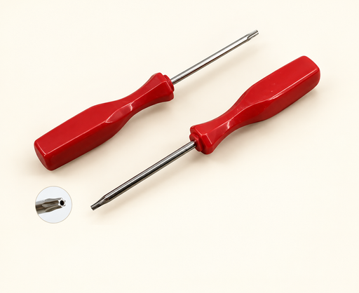 Two red precision screwdrivers with security tip detail