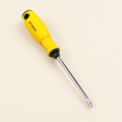 Single yellow-handled cross-tip screwdriver on an ivory surface