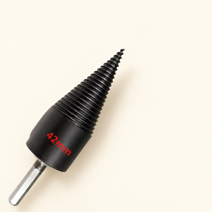 Black42mm firewood splitting drill bit on ivory surface