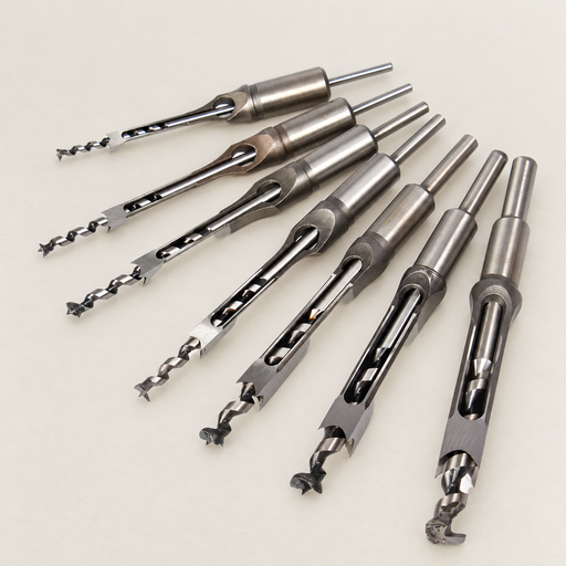 Seven square-hole woodworking drill assemblies on an ivory work surface.