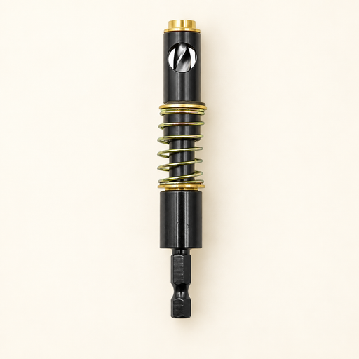 Black and gold spring-loaded hinge drill bit on ivory surface