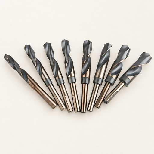 Eight twist drill bits arranged in a fan on a softly lit ivory surface.