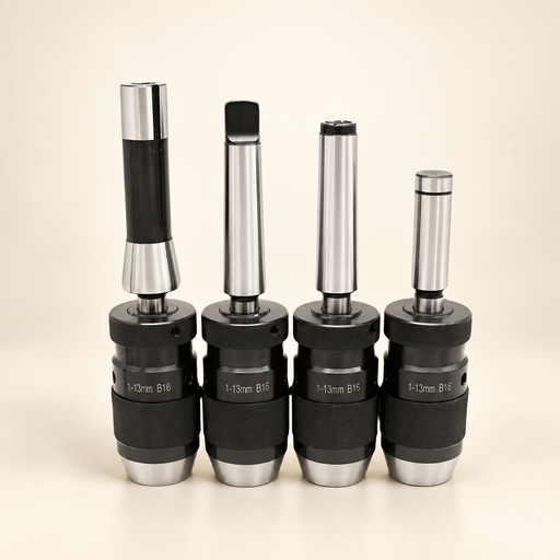 Four black drill chuck adapters with silver shafts on an ivory surface