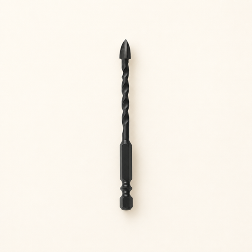 Single black cross-triangle drill bit on ivory surface