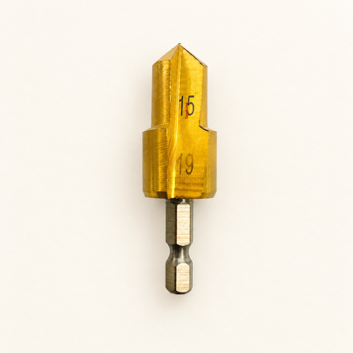 Gold15 and19 two-step reamer bit on ivory surface