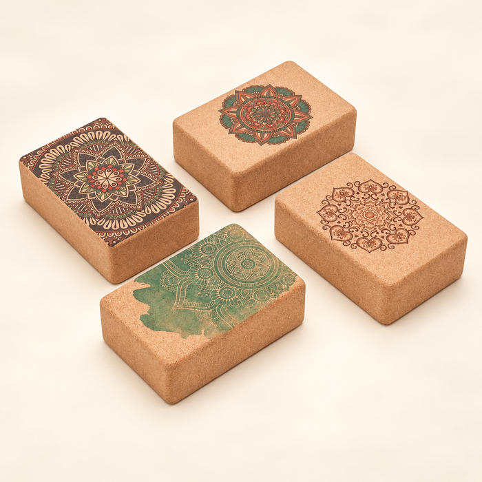 Four cork blocks with mandala prints