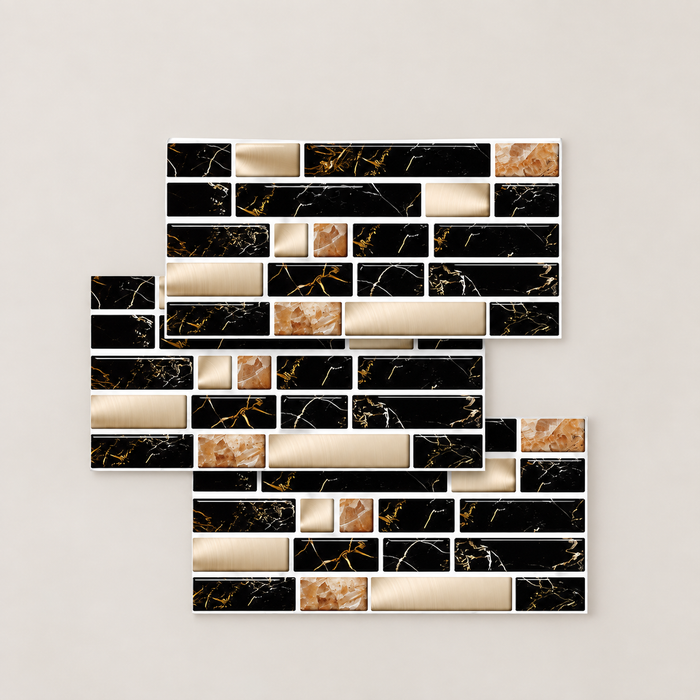 Three overlapping black and gold decorative tile sticker sheets