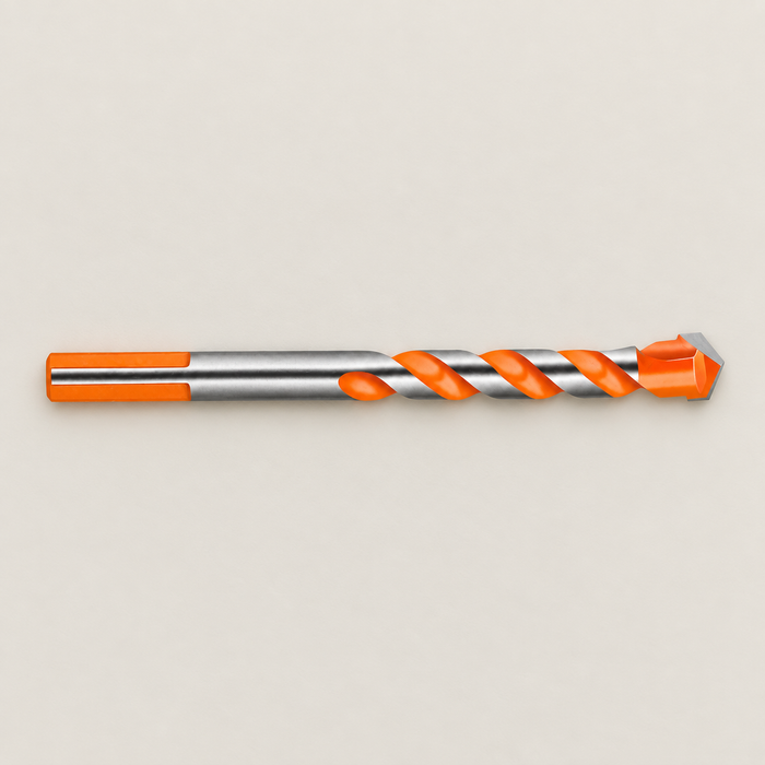 Orange and silver drill bit lying flat on ivory