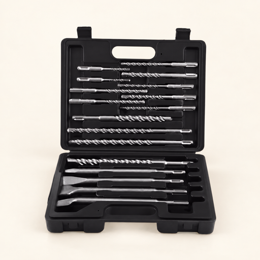 Open black case with drill bits and chisels on an ivory surface