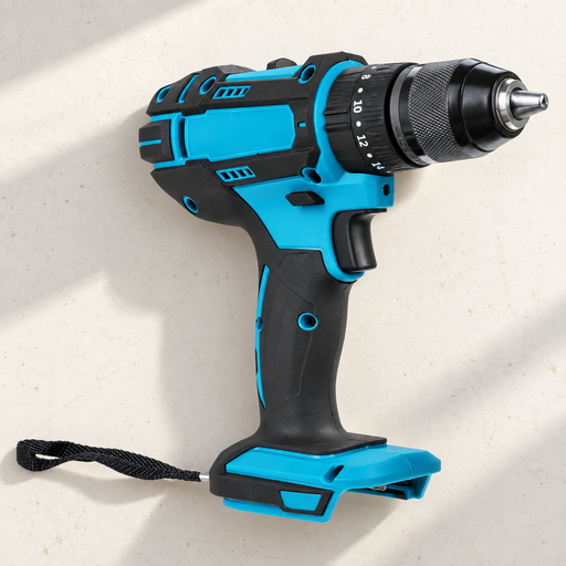 Turquoise cordless drill body with wrist strap on an ivory worktable