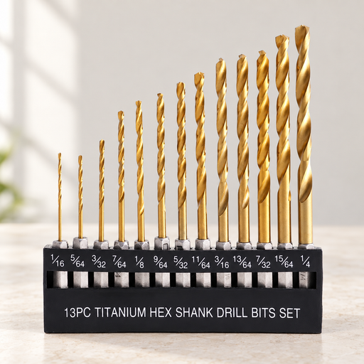 Thirteen gold twist drill bits in a labelled black holder on an ivory worktable