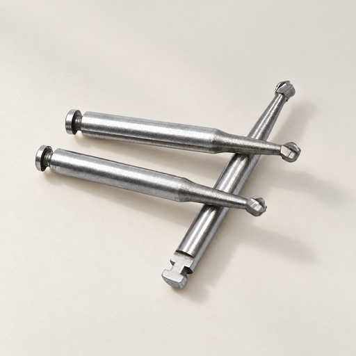 Three silver rotary bits arranged on an ivory worktable
