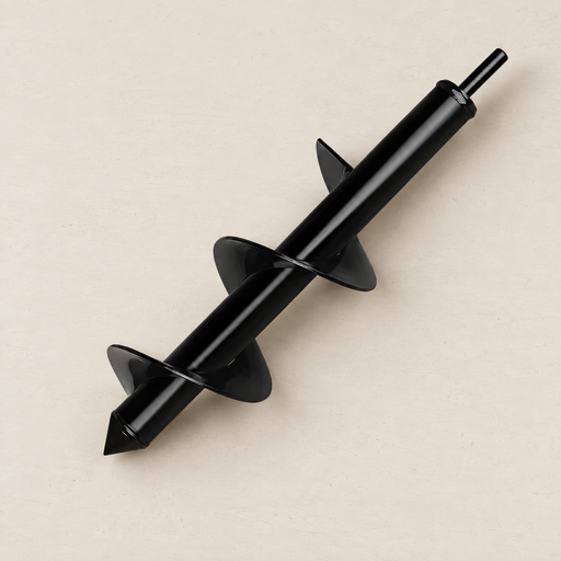 Black earth auger bit lying diagonally on an ivory workbench.