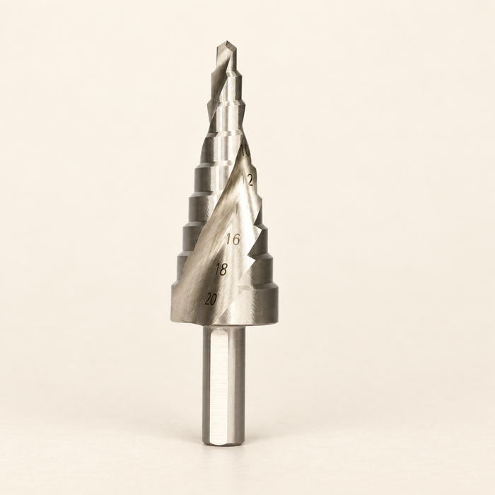 Metal step drill bit with engraved size markings on an ivory surface