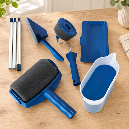 Blue painting tools and three metal extension sections arranged on a wooden work surface.