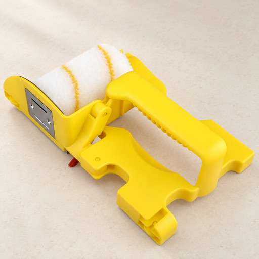 Yellow paint edging roller with a white and yellow sleeve on an ivory workbench.
