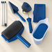 Blue paint roller kit with three extension rods, corner pad, tray and pouring jug on an ivory workbench.