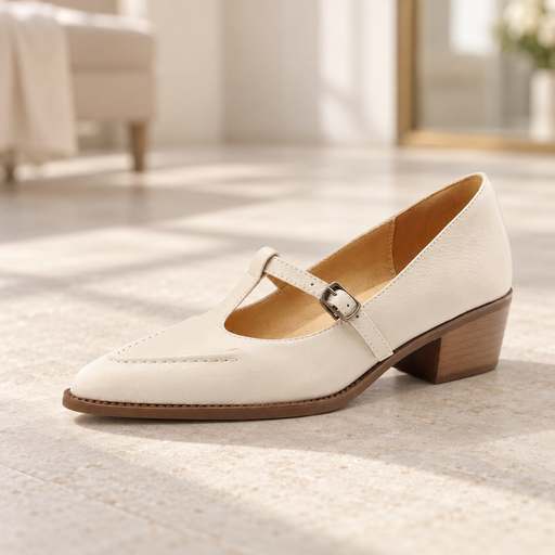 Cream T-bar pump with block heel on an ivory stone floor