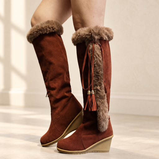 Brown tall wedge boots with fur trim and tassels against a warm ivory interior
