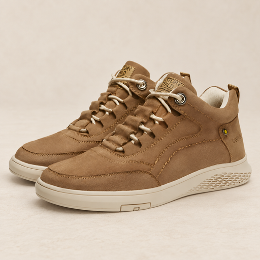 Tan lace-up sneaker pair on an ivory stone surface