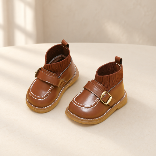 Brown children shoes with knit ankle cuffs, gold buckles and white stitching on an ivory surface.