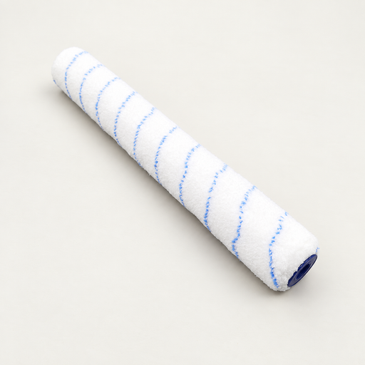 White paint roller sleeve with a blue spiral stripe on an ivory worktop