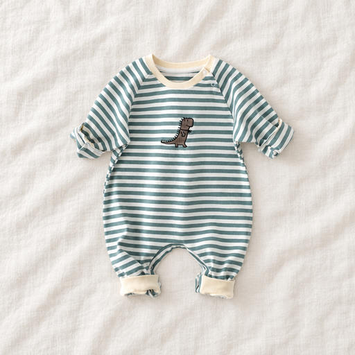 Green and white striped baby jumpsuit with a small dinosaur motif