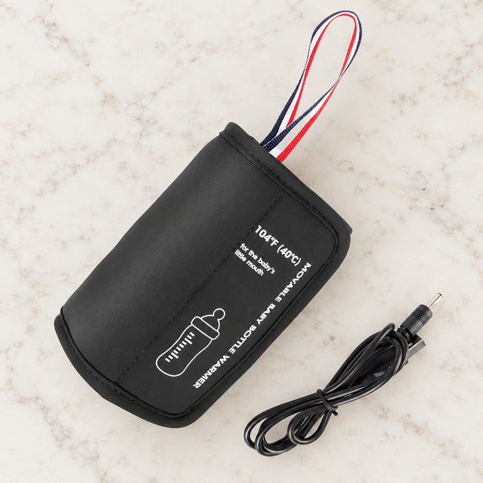 Black portable bottle warmer sleeve with wrist strap and cable