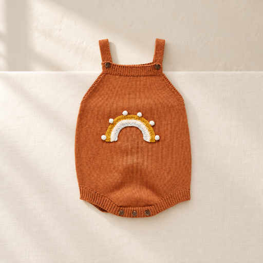 Rust knitted baby romper with a white and mustard rainbow on ivory