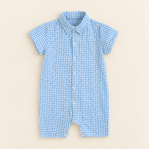 Blue gingham short sleeve baby romper on ivory tabletop