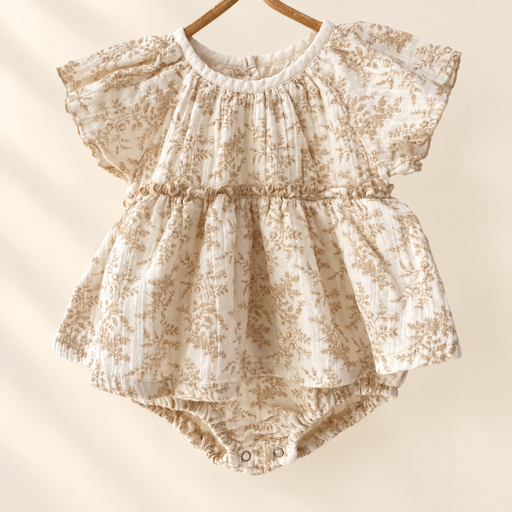 Cream botanical baby romper hanging against ivory background
