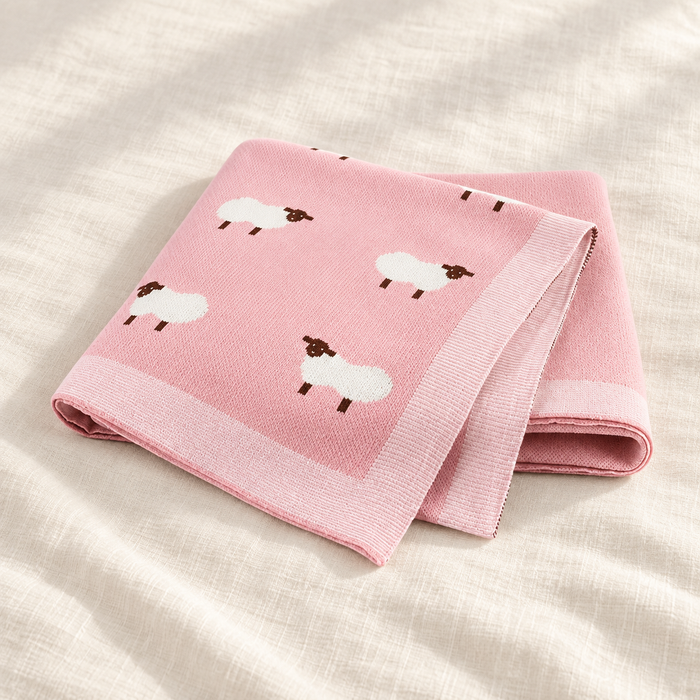 Folded pink knitted sheep blanket on ivory linen.