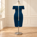 Dark teal off-shoulder zip dress displayed on an ivory dress form