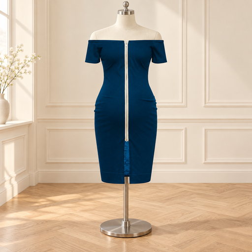 Dark teal off-shoulder zip dress displayed on an ivory dress form