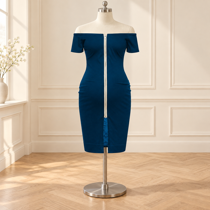 Dark teal off-shoulder zip dress displayed on an ivory dress form