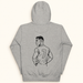 Back of a grey hoodie with a black athlete illustration and number 7